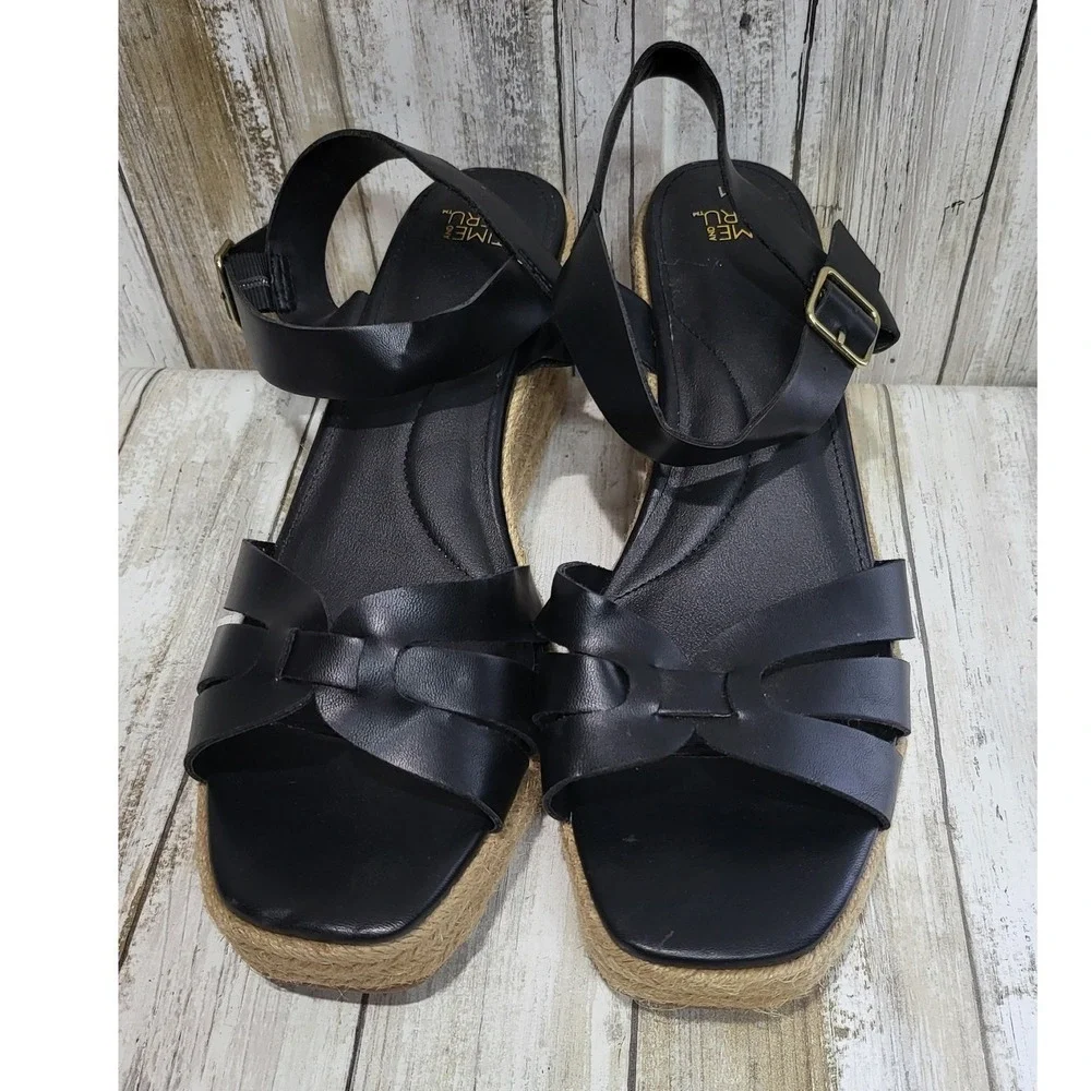 Time and Tru Women Black Espadrille Wedge Sandals Ankle Strap‎ Size 11